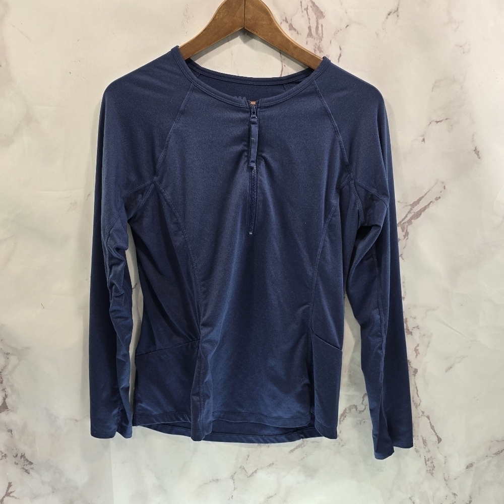 Title Nine Shirt Womens Medium Navy Blue Long Sleeve Quarter Zip Crew Neck
